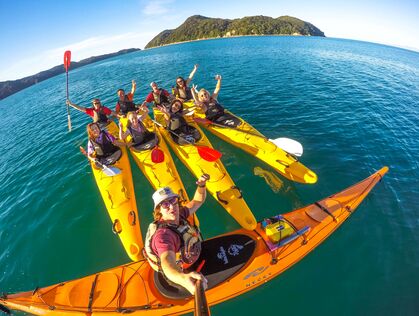 Gruppe i kajak ved Abel Tasman i New Zealand