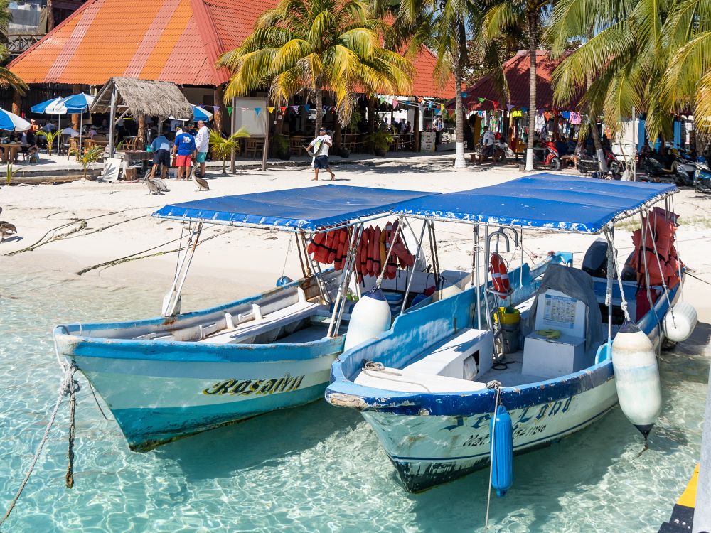 Palmer og turkisblåt hav på Isla Mujeres